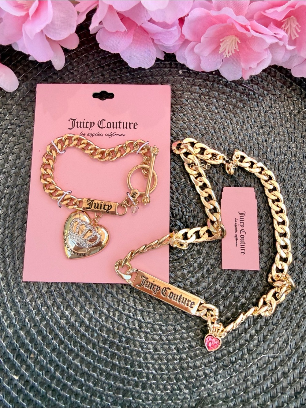 Juicy Couture Gold-Tone Heart Charm Bracelet & Chain Necklace with Pink Accent